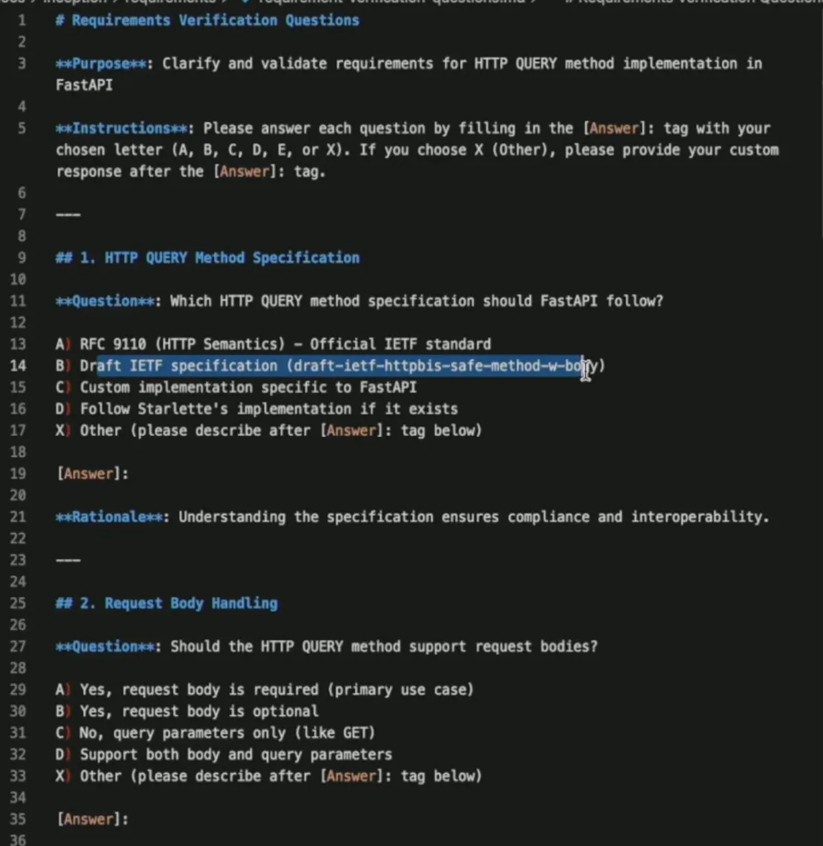 Defining requirements and requesting clarifications using local files: