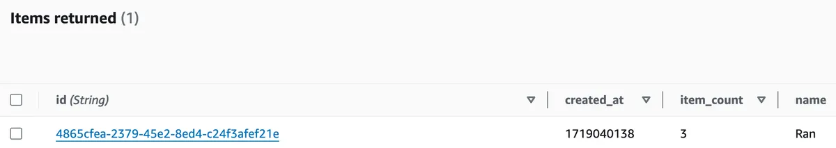 New order added to DynamoDB table